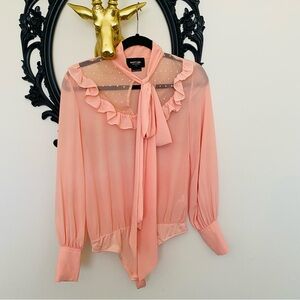 Nasty Gal Peach Pink Long Sleeve Sheer Bodysuit with a Bow and Ruffles